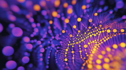 An optical illusion pattern with purple and yellow dots spinning in the center, creating an effect of movement on a blue background.