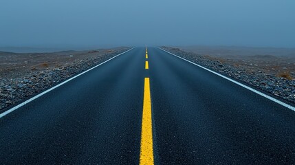 Fototapeta premium Asphalt road with yellow lines disappearing into a misty landscape Gravel shoulders line the roadway