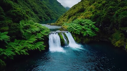 Lush green ferns frame a cascading waterfall flowing into a serene blue pool nestled within a verdant valley