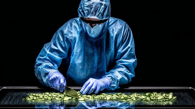 Chef in gloves and mask prepping cucumbers professional kitchen food safety kitchen hygiene disinfected environment