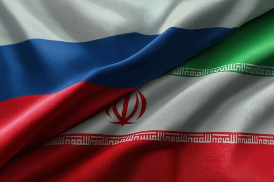 Russia and Iran Flags Draped Together Representing International Relations Geopolitics