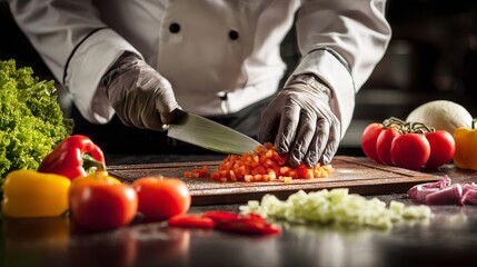 Chef in gloves and mask ensuring food safety and kitchen hygiene in a professional kitchen environment