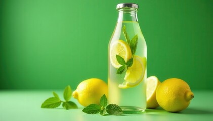 Bottled lemon mint infused water, ripe lemons & mint sprigs Green backdrop , bottle, organic