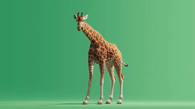 Realistic giraffe illustration on vibrant green background showcasing majestic features and distinct patterns
