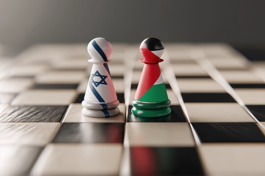 Israeli and Palestinian flags on chess pieces represent geopolitical conflict and strategic game - Powered by Adobe