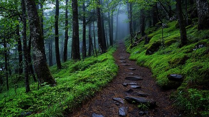 Misty forest path lined with moss covered rocks and lush green vegetation A stone trail winds through a dense woodland
