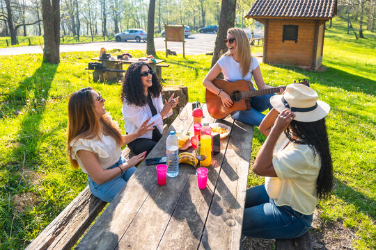 Cheerful friends enjoying picnic and playing guitar in a park - Powered by Adobe