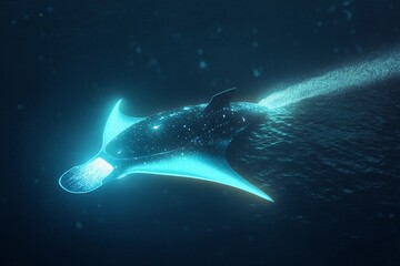 Naklejka premium Glowing stingray-shaped submarine purifying the ocean floor while exploring deep marine environments