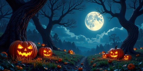 Fototapeta premium Giant pumpkins amidst gnarled trees, moonlit night , texture, woods