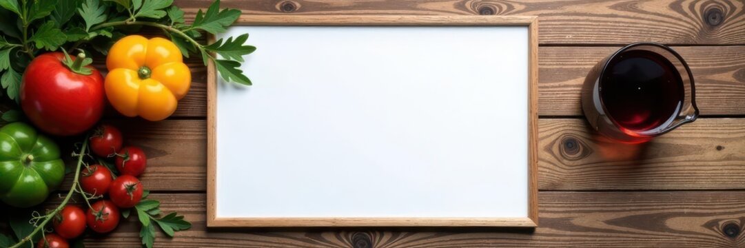 Empty menu frame with booklet, white paper, acrylic card on wood, cafe, blurred