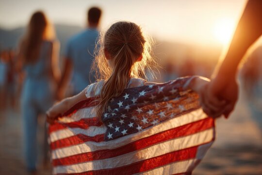 Girl holding US flag while family walks at sunset on beach back view sunlit