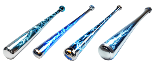Chrome baseball bat with electric blue energy trails mid-swing