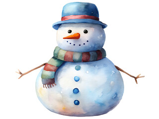 Cute Watercolor Snowman Illustration with Blue Hat and Scarf