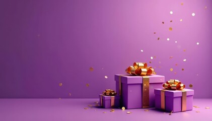 Purple backdrop, luxury gift boxes, golden confetti bursts , confetti, giftwrap