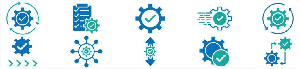 Gear and Process Management Icons – Quality Control and System Optimization Symbols