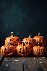 Fototapeta premium Smiling jack-o-lanterns on weathered wood, dark wall backdrop Happy Halloween theme , dark, still life
