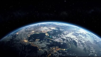 View of earth from space showing city lights and cloud cover against stars