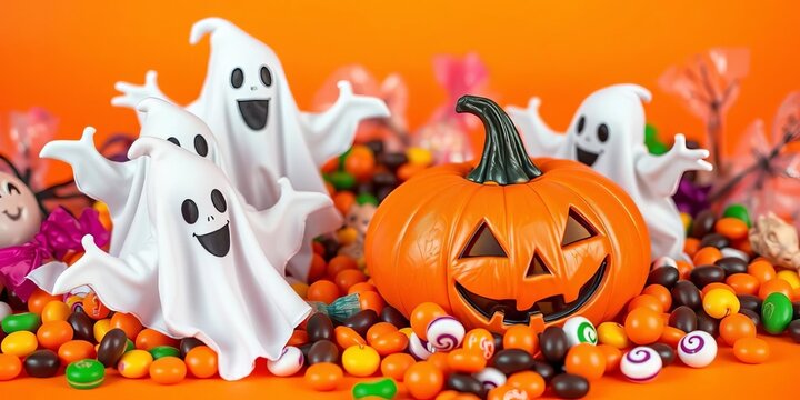 Friendly ghosts & smiling pumpkin nestled amongst colorful Halloween candy on vibrant orange background ,  treats,  playful