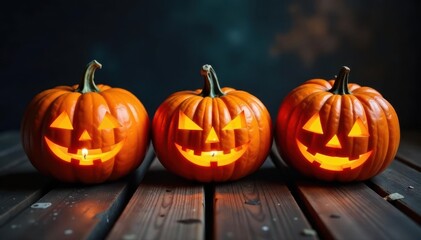 Fototapeta premium Three carved pumpkins with flickering candlelight on weathered wood surface , surface, shadow