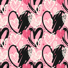 Modern grunge heart pattern. Funky marker drawn hearts seamless pattern. Playful romantic hearts pattern on pink backgound for fabrics, textile, wrapping paper, packaging