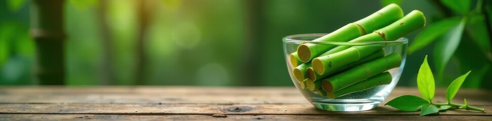 Fototapeta premium Vibrant green bamboo stalks in clear glass bowl atop rustic wood , closeup, detail