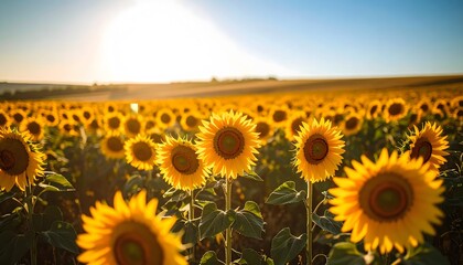 Obraz premium Golden Sunflower Field Bathed in Warm Sunlight Under a Clear Blue Sky