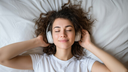 Fototapeta premium Self care routine and stress relief with woman relaxing while using headphones