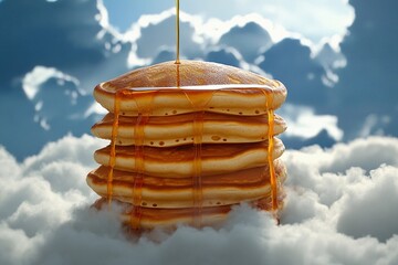 Pancake tower reaches the clouds with golden syrup cascading down its fluffy layers