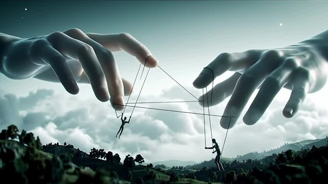 Giant hand manipulates miniature figures on strings above a landscape, symbolizing control, fate, destiny, manipulation, and powerlessness