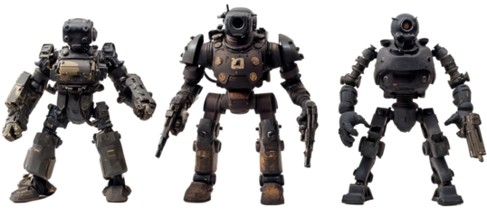 Combat robots with armor, dark colors, and weaponized limbs. Each element separately