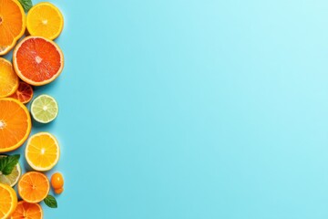 Assorted citrus fruit slices including oranges, lemons, limes, and grapefruits arranged vertically against a light blue background.
