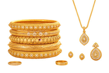 Luxury gold jewelry set with diamonds isolated on transparent background