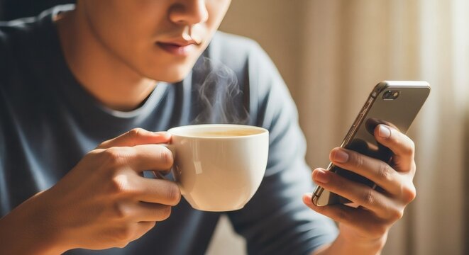 Man drinking coffee using smartphone, morning routine, lifestyle, relaxing, social media, communication - Powered by Adobe