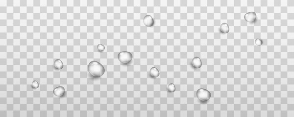 Realistic drops on a transparent background. Rain and dew. Realistic vector water drops png on a transparent light background, water drop, drops, droplets.Vector.