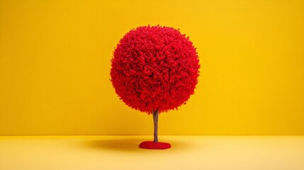 Red Spherical Tree on Yellow Background