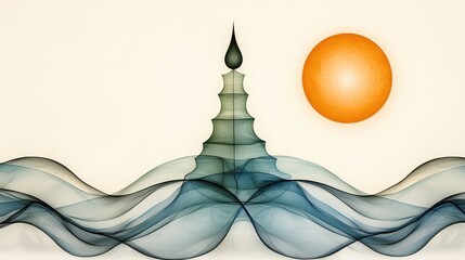 Stylized Pagoda on Undulating Waves Under an Orange Sun