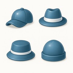 Fototapeta premium Blue Hat Collection: Baseball Cap, Fedora, Bowler & More Illustration