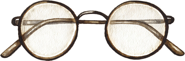 Watercolor illustration of round eyeglasses on transparent background.