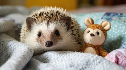 Fototapeta premium Hedgehog exploring soft bedding near small cotton toy animal