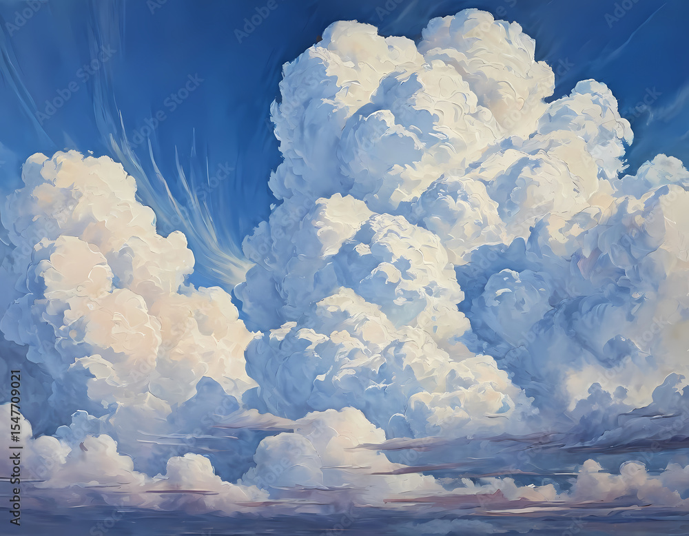 Poster Fluffy white clouds dominate the sky, casting dynamic shadows over the landscape below. The sunlight filters through, creating captivating patterns and a serene atmosphere Generative AI