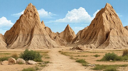 Fototapeta premium Tan Rock Formation Dominate Desert Landscape Under Bright Sky with Scattered Clouds and Sparse Vegetation