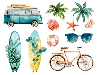 set of beach watercolor elements isolated on transparent background