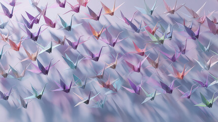 Pastel Origami Crane Flock with Sharp Shadow Grid