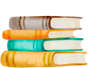 Watercolor stack of four books on transparent background.