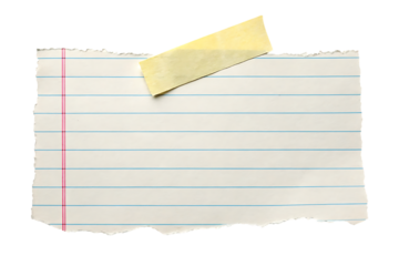 Torn notebook paper with tape isolated on transparent background