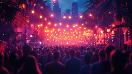 Vibrant Crowd Enjoying a Night Music Festival with Neon Lights
