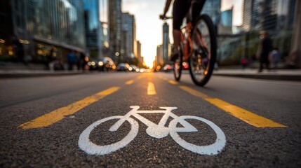 Bicycle Lane in City Street at Sunset