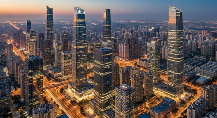Obraz premium Aerial view of guangzhou china cityscape skyline at dusk with modern buildings and skyscrapers illuminated
