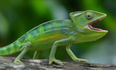 Fototapeta premium Vibrant Green Chameleon with Open Mouth on Branch, Tropical Forest Wildlife