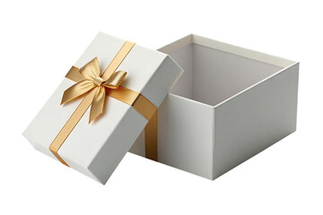 Open white gift box with gold ribbon isolated on transparent background